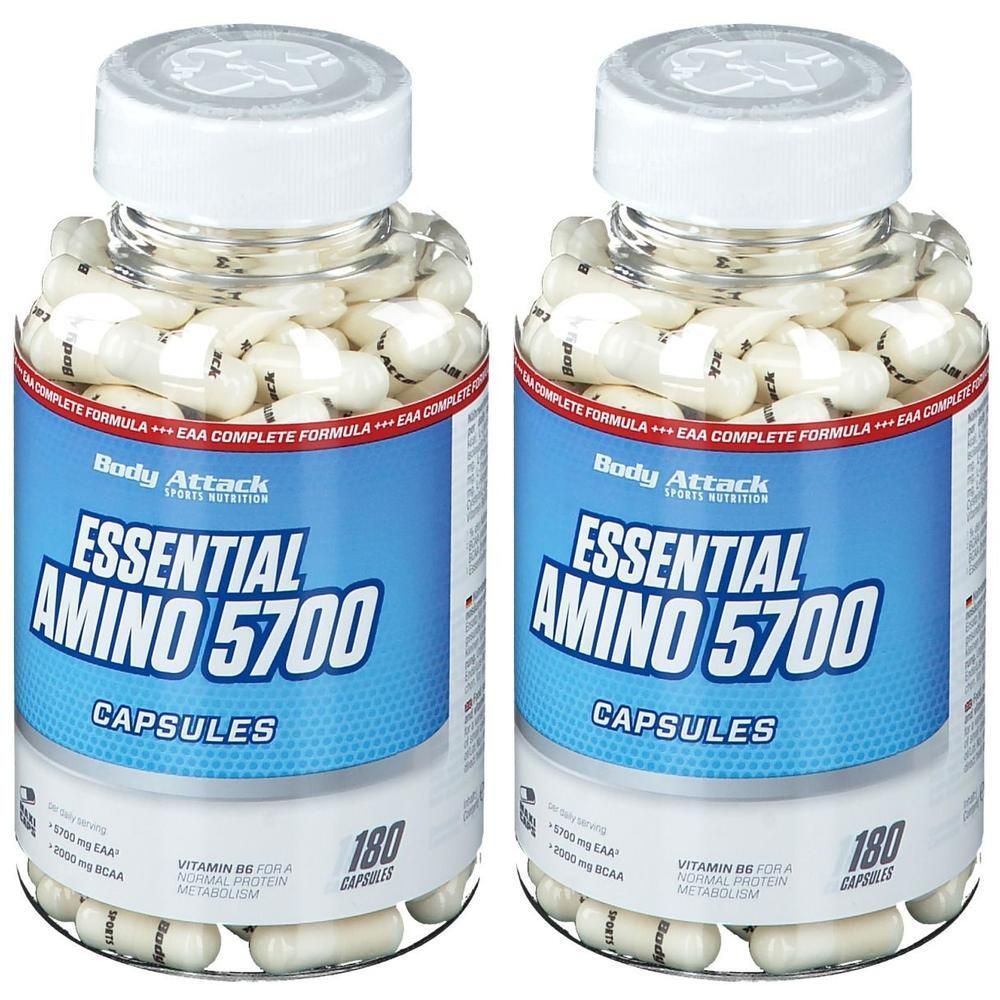 Zwei Flaschen Body Attack Essential Amino 5700 Kapseln, jeweils 180 Kapseln.