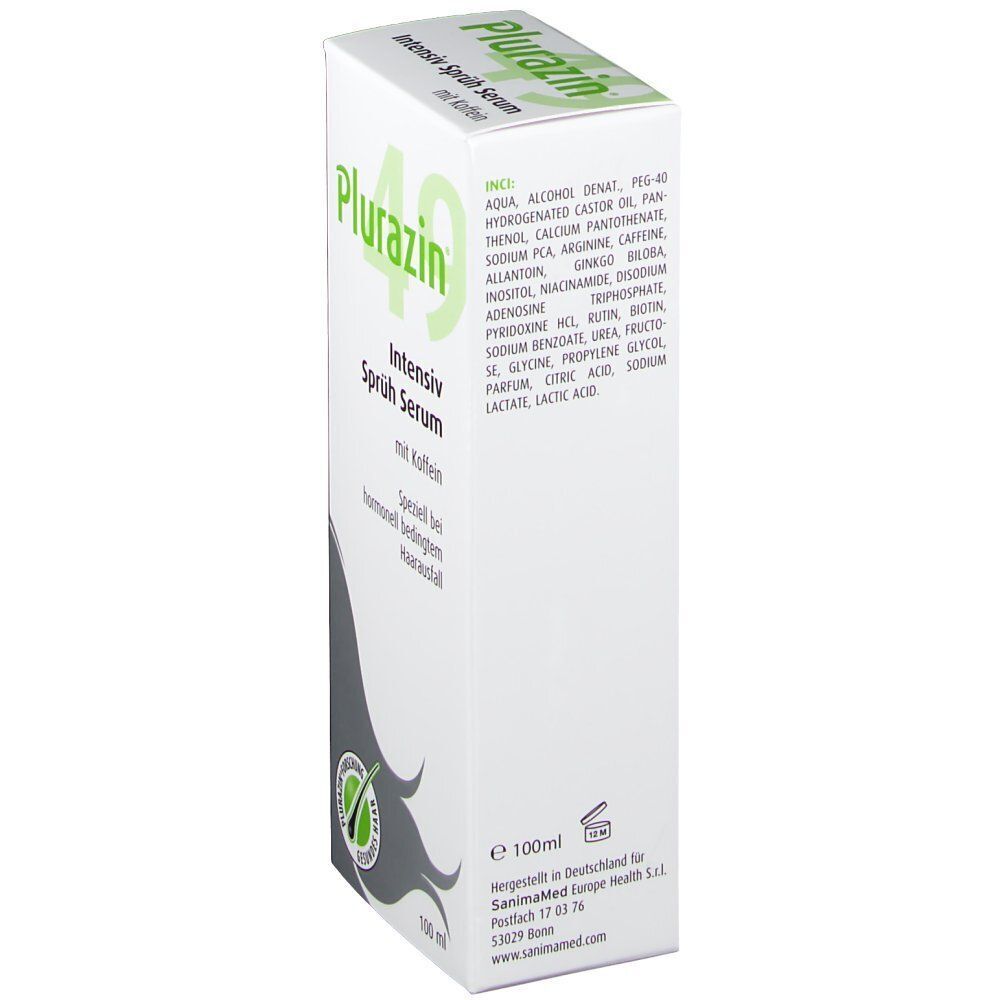 Seitenansicht einer Packung Plurazin® 49 Intensiv Sprüh Serum mit Inhaltsstoffliste.