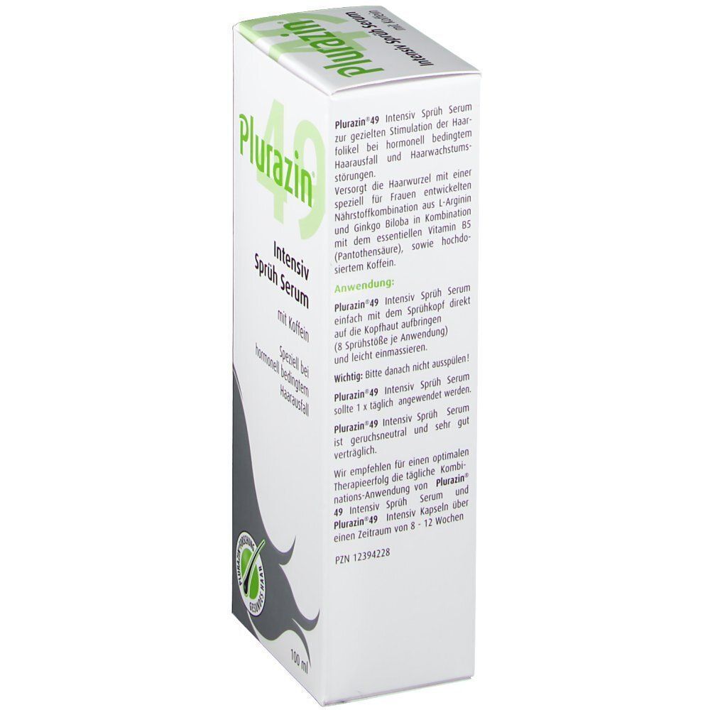 Rückseite einer Packung Plurazin® 49 Intensiv Sprüh Serum mit Anwendungshinweisen.