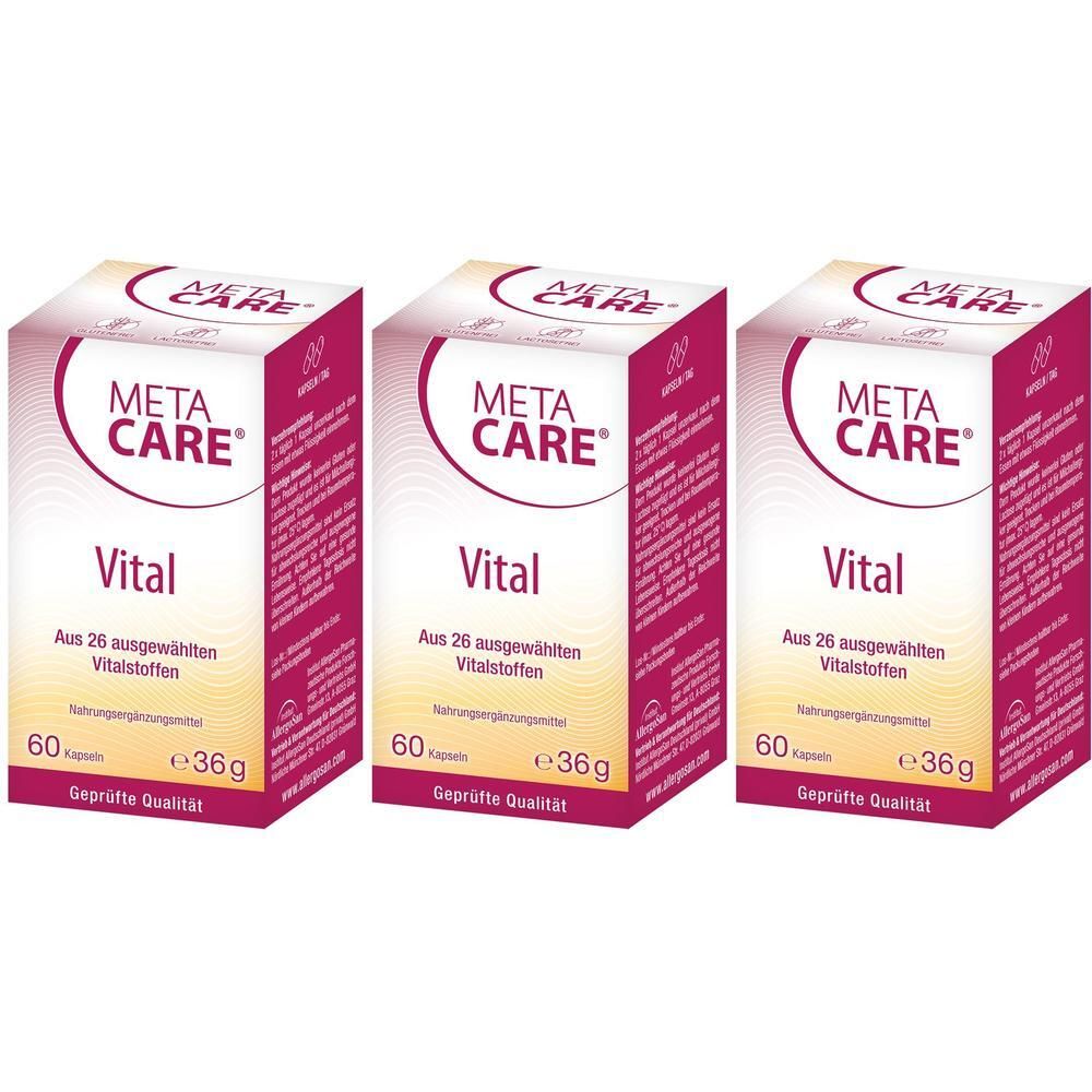 Drei Packungen metacare® Vital mit je 60 Kapseln und 36g Inhalt. Geprüfte Qualität.