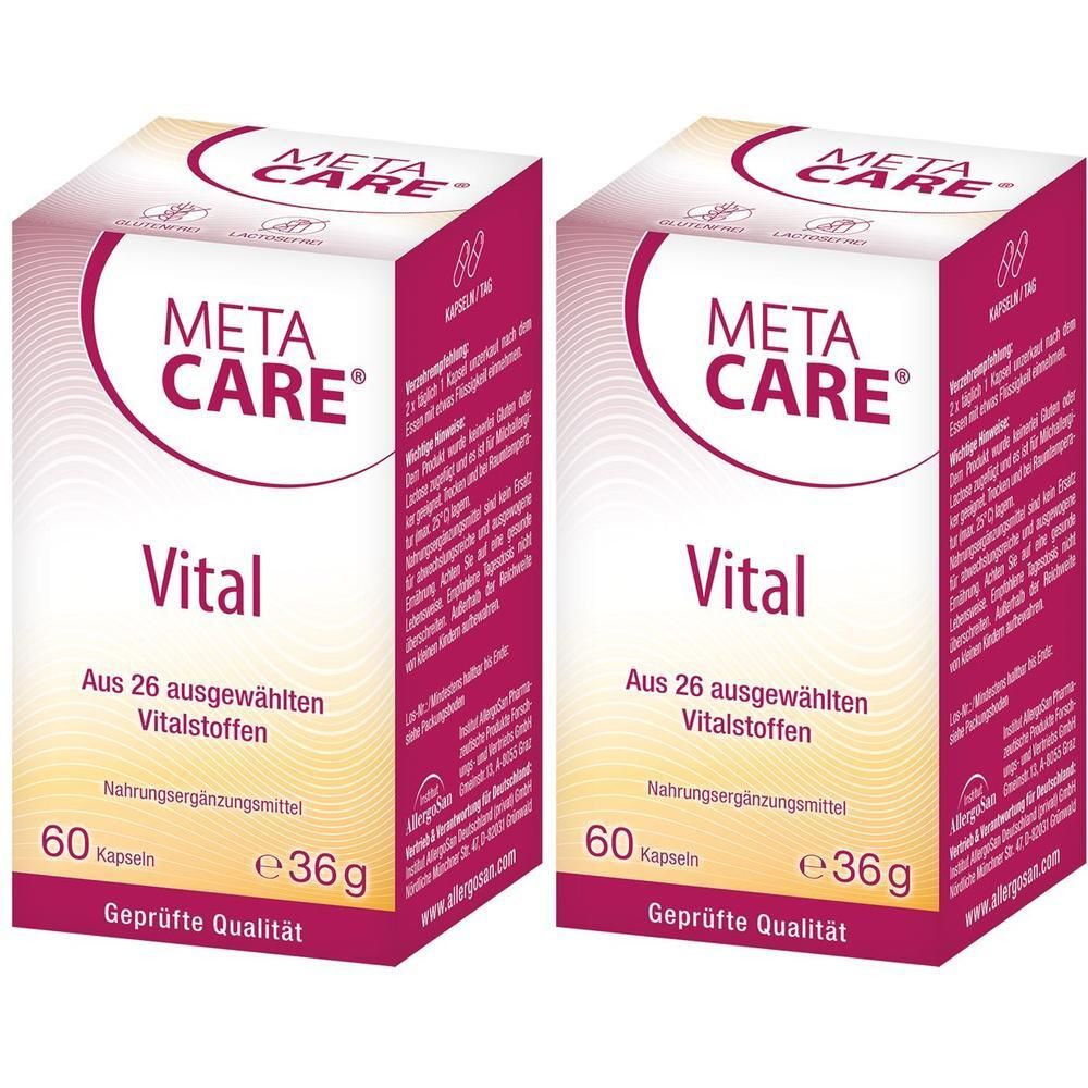 Zwei Packungen metacare® Vital Nahrungsergänzungsmittel, je 60 Kapseln.