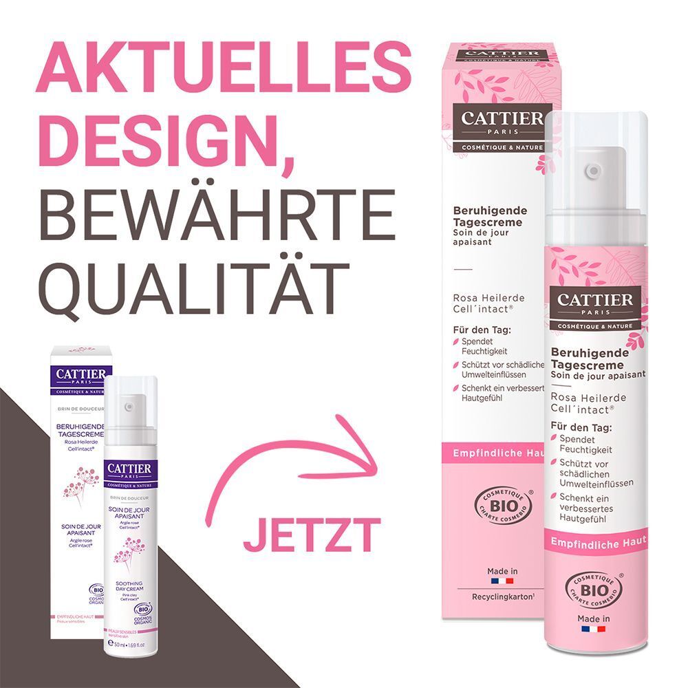 Zwei Packungen Cattier Beruhigende Tagescreme, eine davon geöffnet. Rosa und weiße Verpackung mit Blattmotiv.