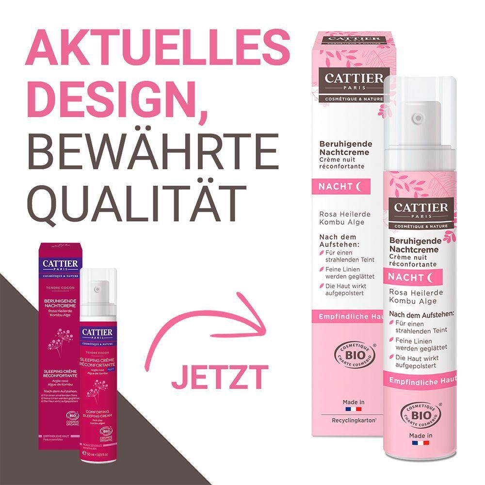 Cattier Beruhigende Nachtcreme: Aktuelles Design, bewährte Qualität. Zwei Flaschen und eine Schachtel.