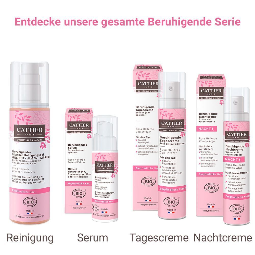 Cattier Beruhigende Serie: Reinigung, Serum, Tagescreme, Nachtcreme. Verschiedene Flaschen und Schachteln.