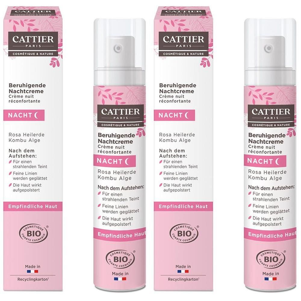 Vier Flaschen und Kartons von Cattier Beruhigende Nachtcreme mit Rosa Heilerde und Kombu Alge.