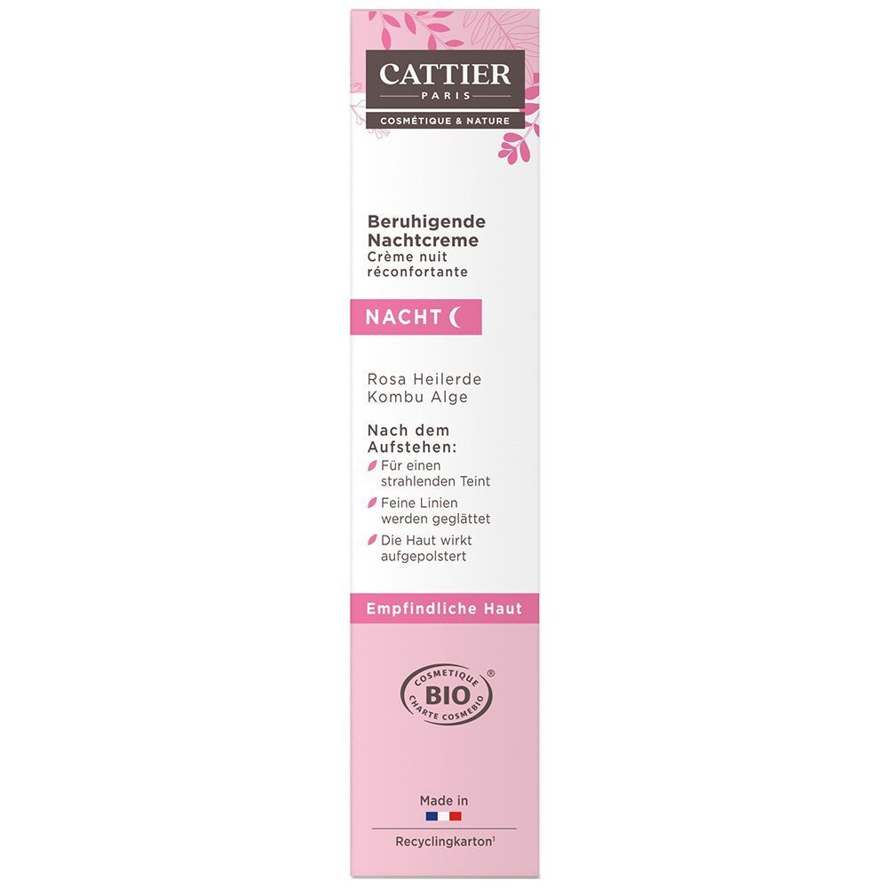 Cattier Beruhigende Nachtcreme mit Rosa Heilerde und Kombu Alge, für empfindliche Haut.