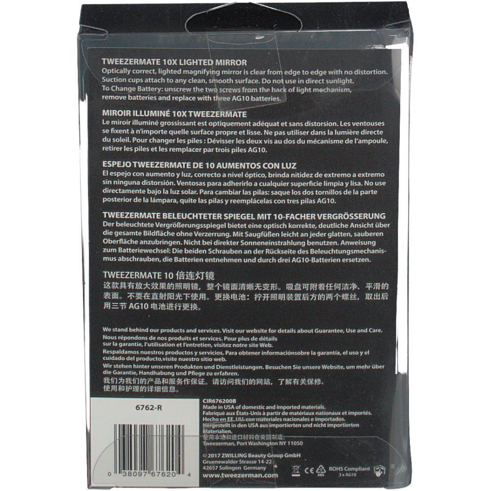 Rückseite der Verpackung des Tweezerman 10-fach beleuchteten Spiegels mit Produktinformationen und Barcode.