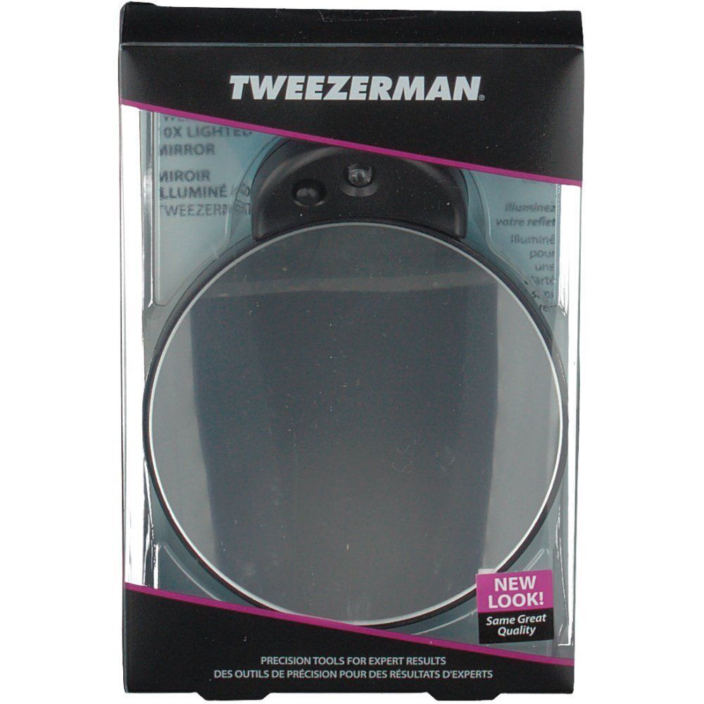 Tweezerman 10-fach beleuchteter Spiegel in seiner Einzelhandelsverpackung, mit dem Schriftzug 'NEW LOOK!'