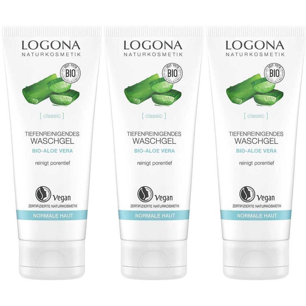 Drei Tuben LOGONA Naturkosmetik Tiefenreinigendes Waschgel Bio-Aloe Vera für normale Haut.