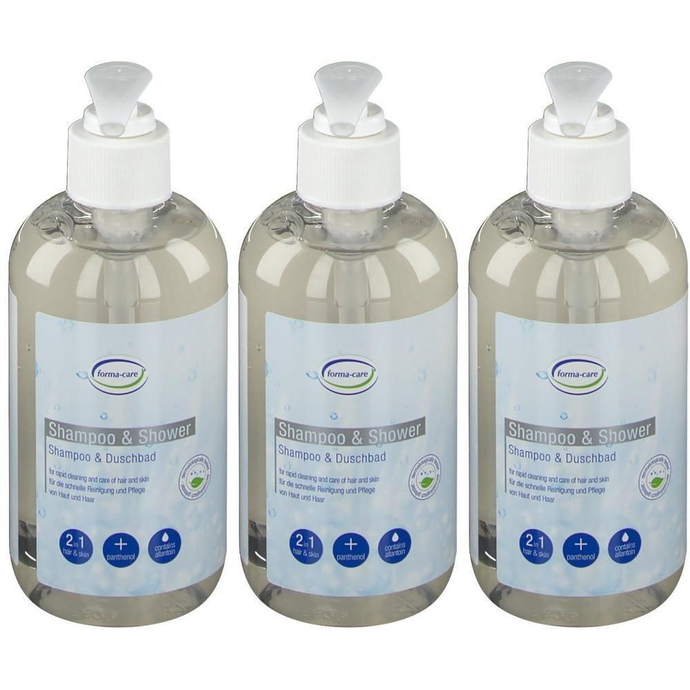 Drei Flaschen forma-care Shampoo & Shower mit Pumpspendern, klare Flüssigkeit.