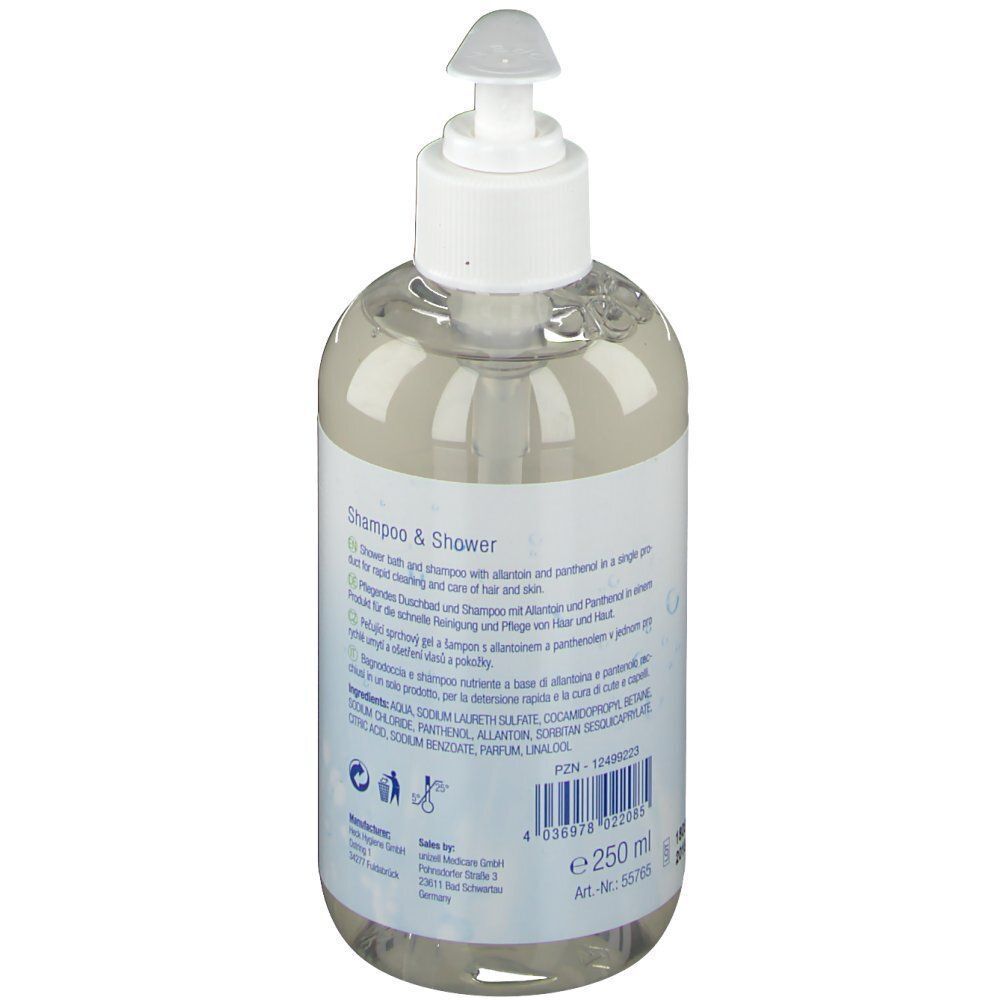 Rückseite einer Flasche forma-care Shampoo & Shower mit Pumpspender, klare Flüssigkeit, 250 ml.