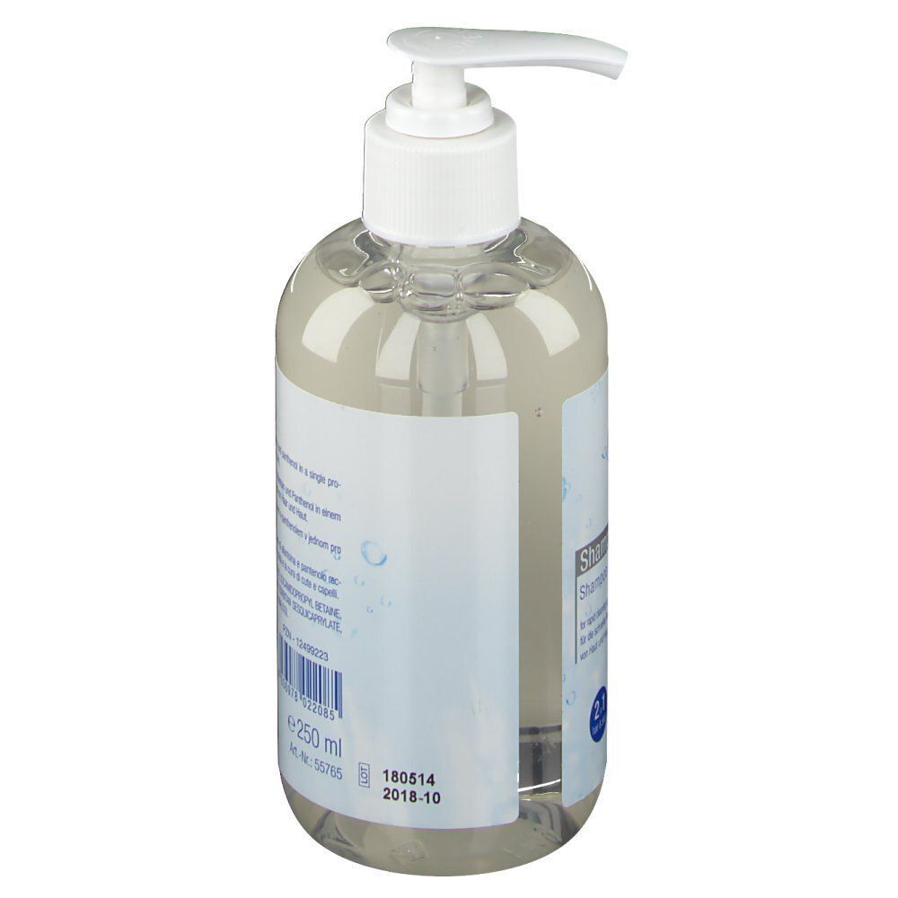 Seite einer Flasche forma-care Shampoo & Shower mit Pumpspender, klare Flüssigkeit.