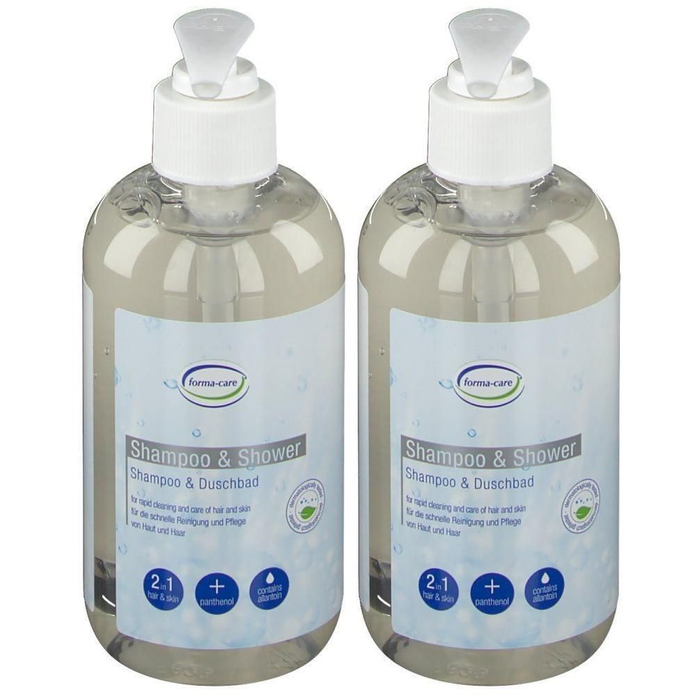 Zwei Flaschen forma-care Shampoo & Shower mit Pumpspendern.