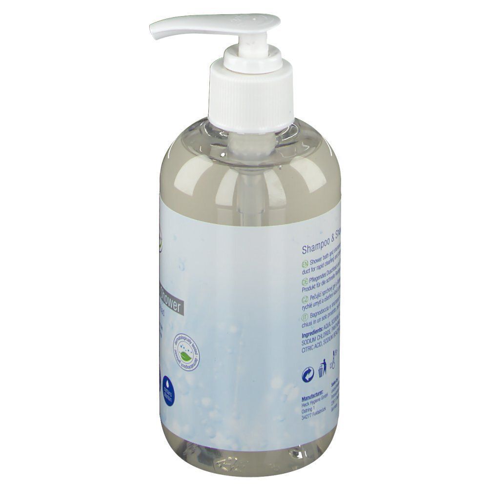 Rückseite einer Flasche forma-care Shampoo & Shower mit Etikett.