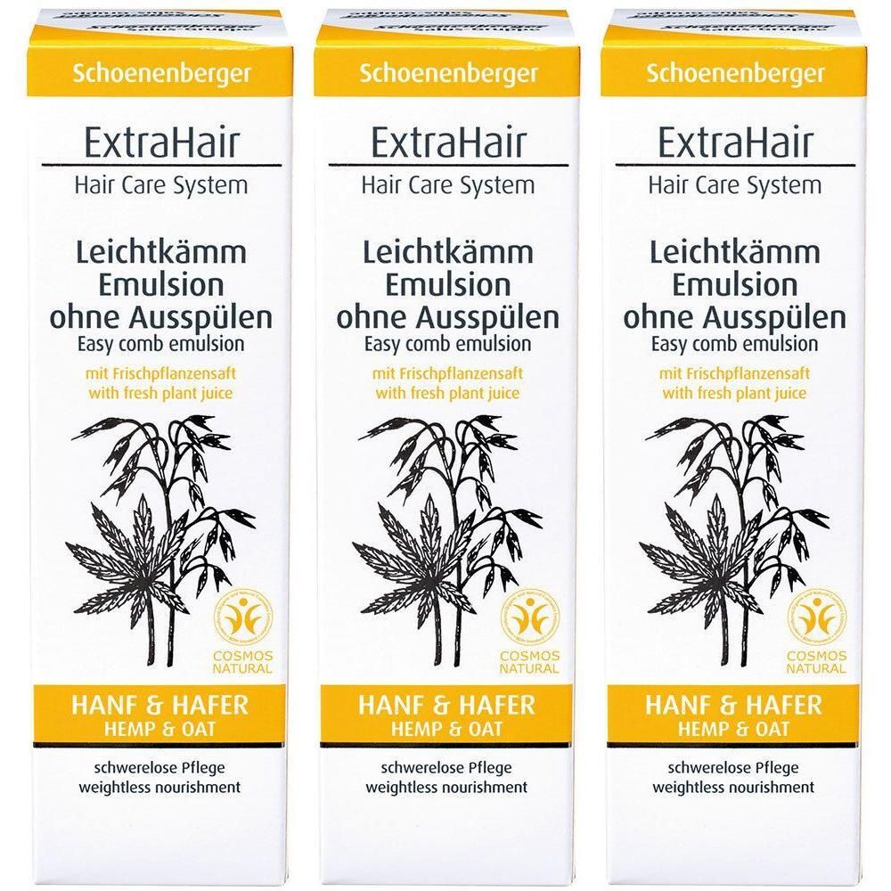 Drei Packungen Schoenenberger ExtraHair Leichtkämm Emulsion mit Hanf & Hafer.