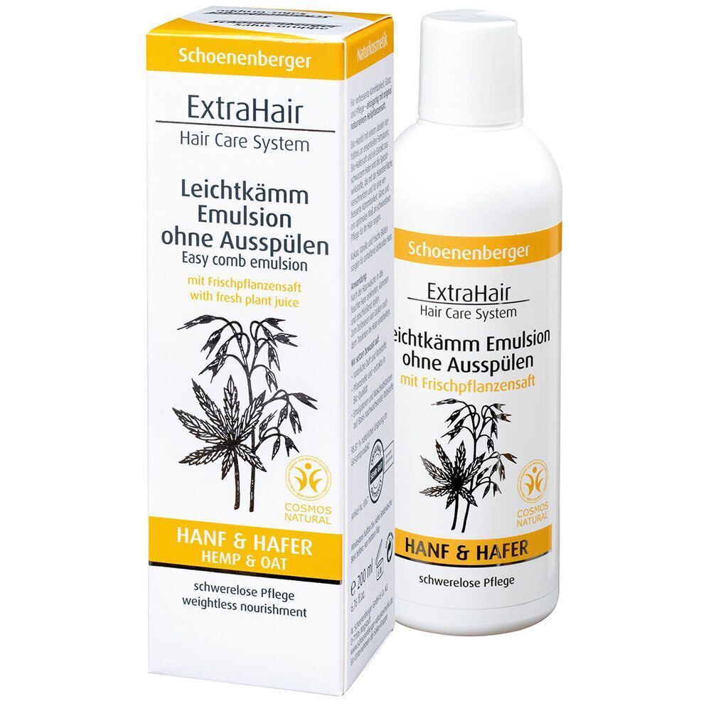 Packung und Flasche Schoenenberger ExtraHair Leichtkämm Emulsion mit Hanf & Hafer.
