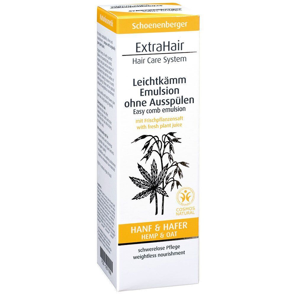 Eine Packung Schoenenberger ExtraHair Leichtkämm Emulsion, Vorderseite mit Hanf & Hafer.