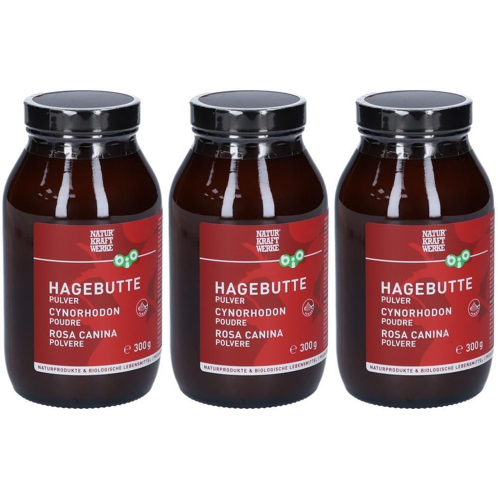 Drei Gläser Hagebuttenpulver (Rosa Canina) von NATURKRAFTWERKE, je 300g.