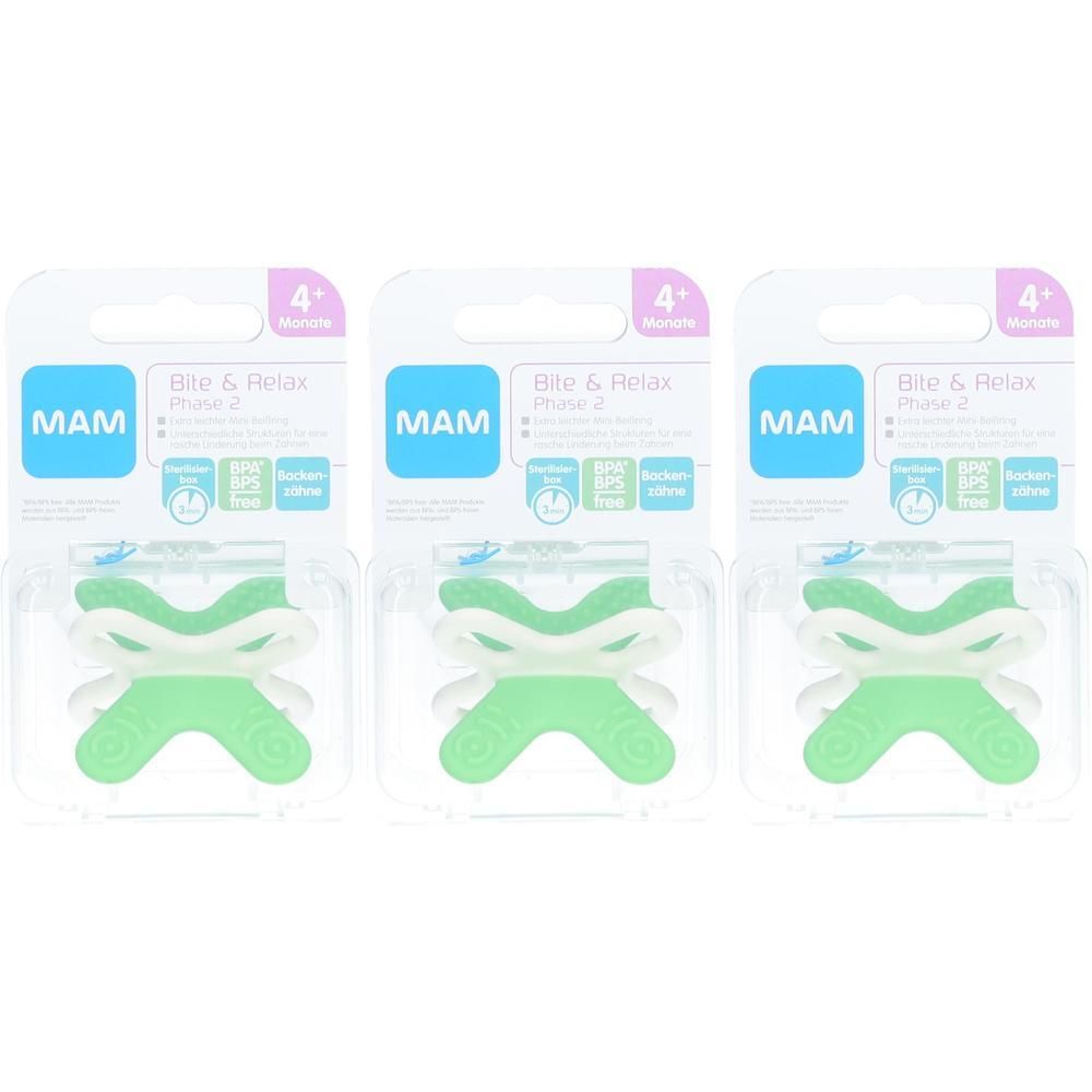 Drei MAM Beißringe in Froschform, grün und weiß, in Einzelverpackungen.