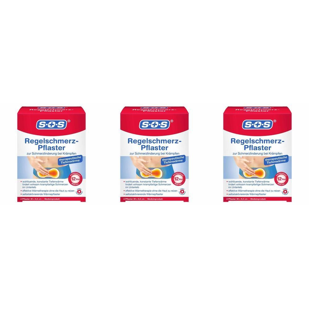 Drei SOS Regelschmerz-Pflaster Packungen mit rotem Design und Produktinformationen.