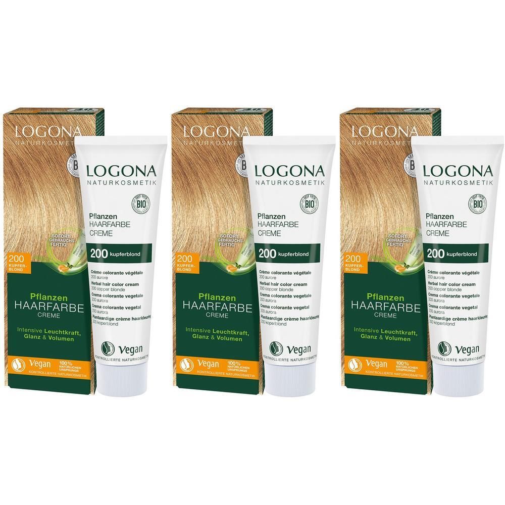 Drei Packungen LOGONA Pflanzen-Haarfarbe Creme 200 Kupferblond mit Tuben und Kartons.
