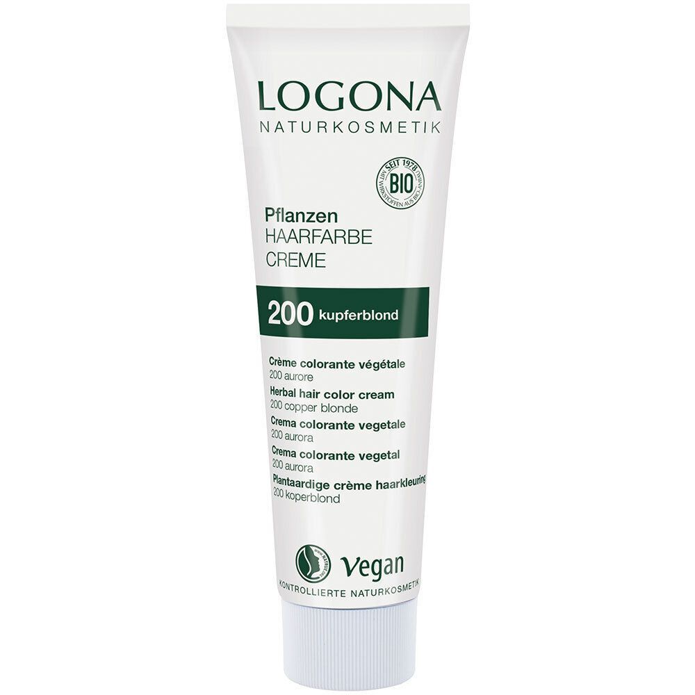 Tubenverpackung LOGONA Pflanzen-Haarfarbe Creme 200 Kupferblond mit BIO- und Vegan-Siegel.
