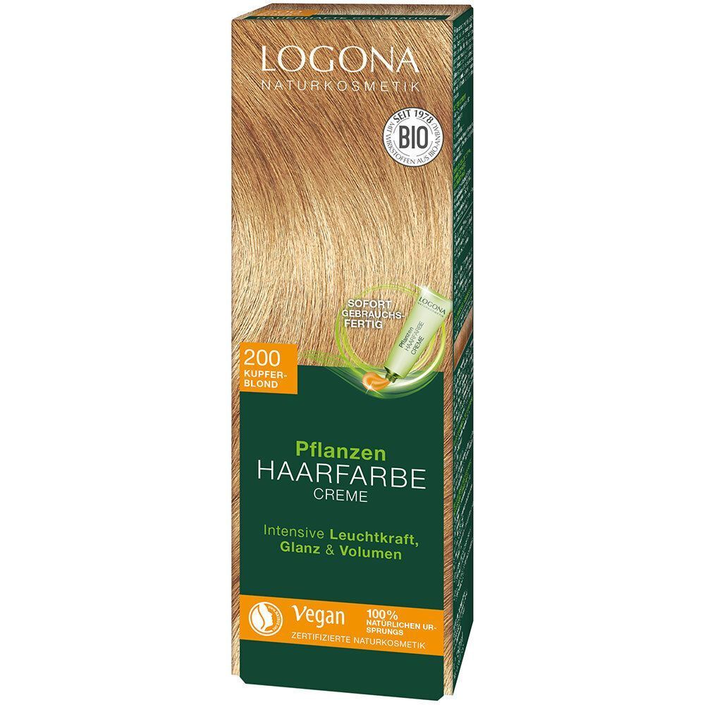 Verpackung LOGONA Pflanzen-Haarfarbe Creme 200 Kupferblond mit Bild einer Frau mit blonden Haaren.