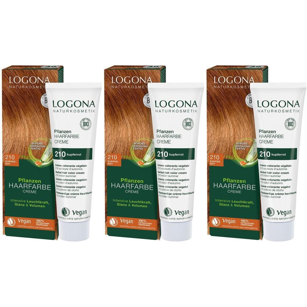 Drei Packungen LOGONA Pflanzen-Haarfarbe Creme 210 Kupferrot mit Tuben und Kartons.