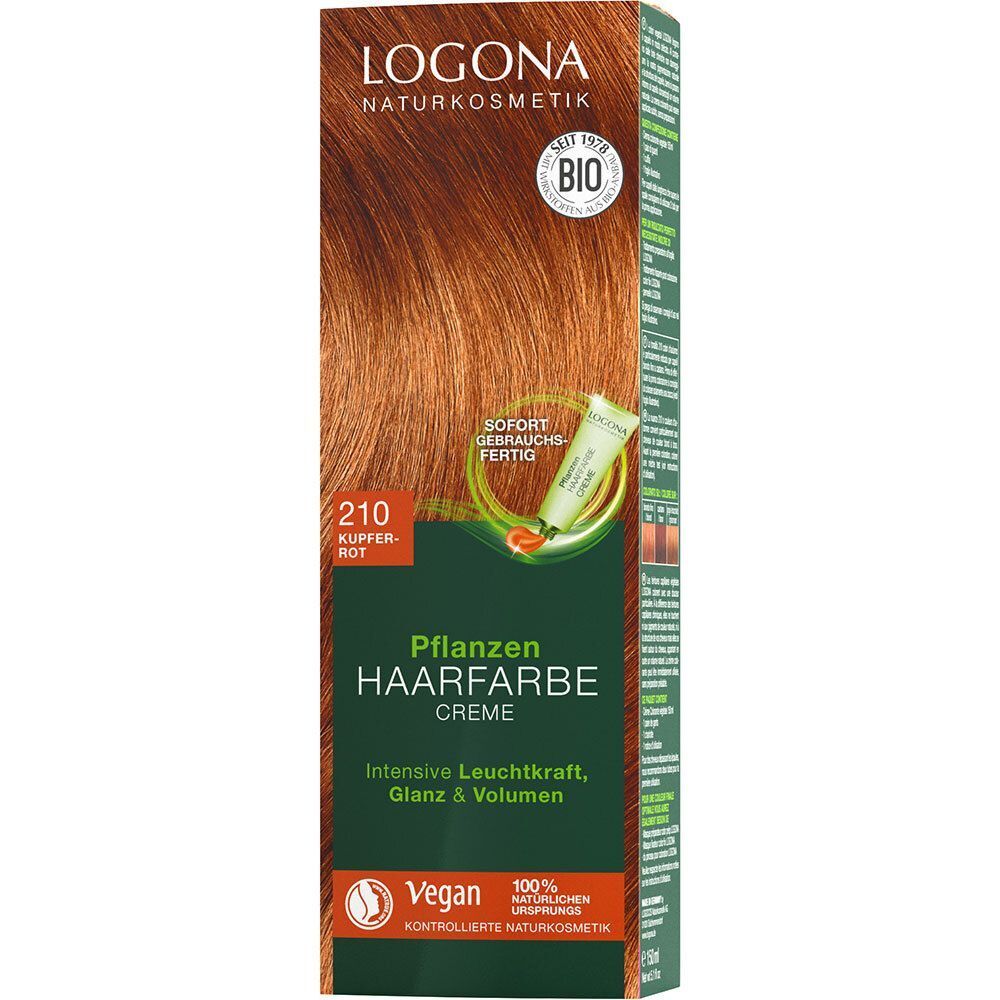 Verpackung LOGONA Pflanzen-Haarfarbe Creme 210 Kupferrot mit Bild von rotem Haar.