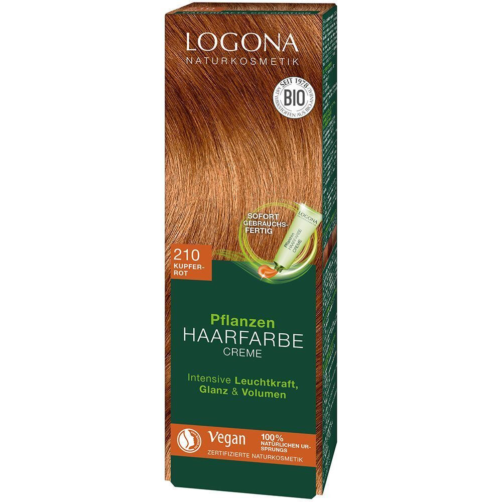 Verpackung LOGONA Pflanzen-Haarfarbe Creme 210 Kupferrot.