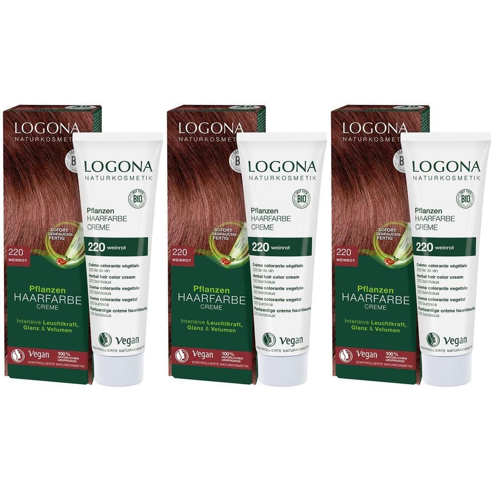 Drei Tuben LOGONA Pflanzen-Haarfarbe Creme 220 Weinrot mit Umverpackungen. Bio-Siegel und Vegan-Logo sichtbar.