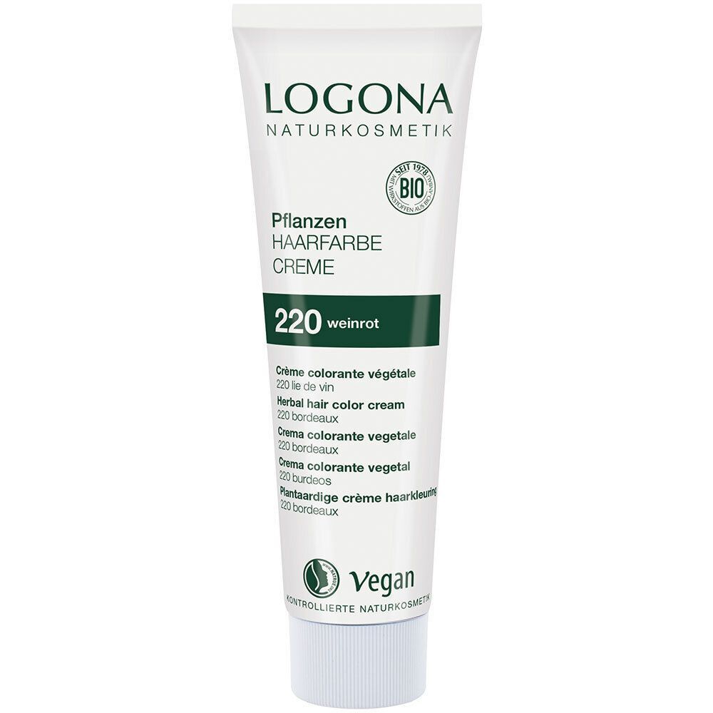 Tube LOGONA Pflanzen-Haarfarbe Creme 220 Weinrot. Bio-Siegel, Vegan-Logo und Farbtonbezeichnung sichtbar.