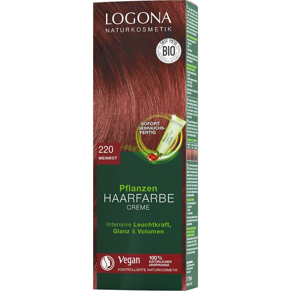 Verpackung LOGONA Pflanzen-Haarfarbe Creme 220 Weinrot. Bild von rotem Haar, Bio-Siegel und Vegan-Logo.