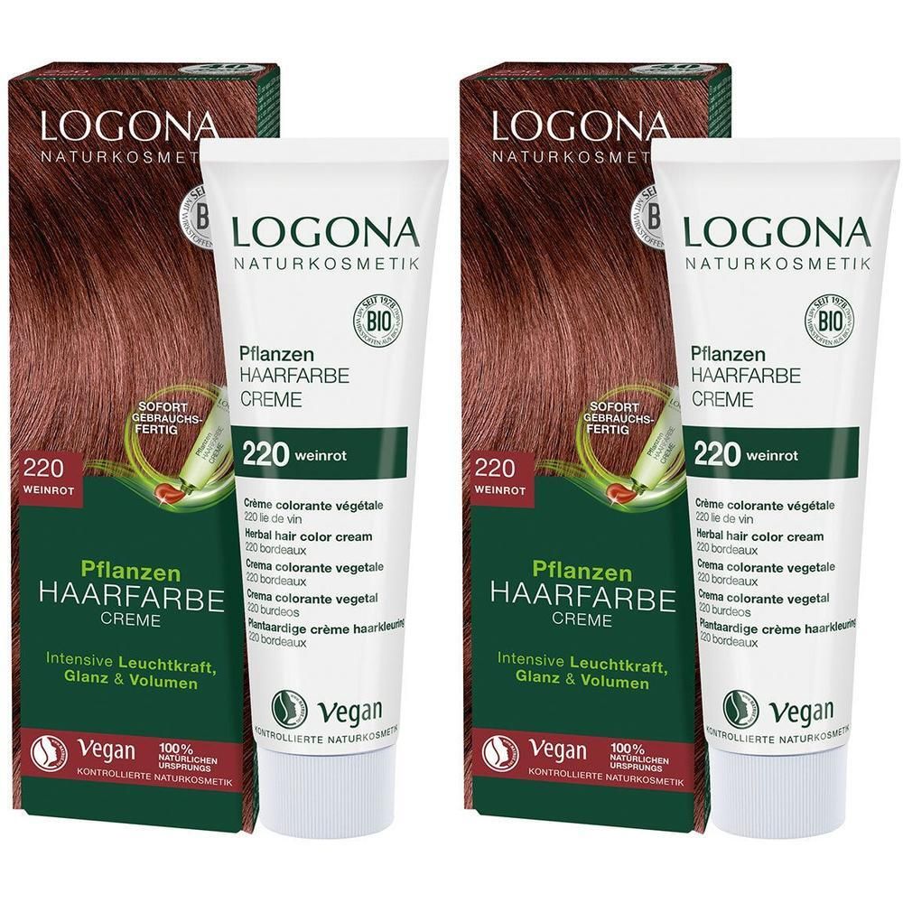 Zwei Packungen LOGONA Pflanzen-Haarfarbe Creme 220 Weinrot. Mit BIO-Siegel und Vegan-Logo.