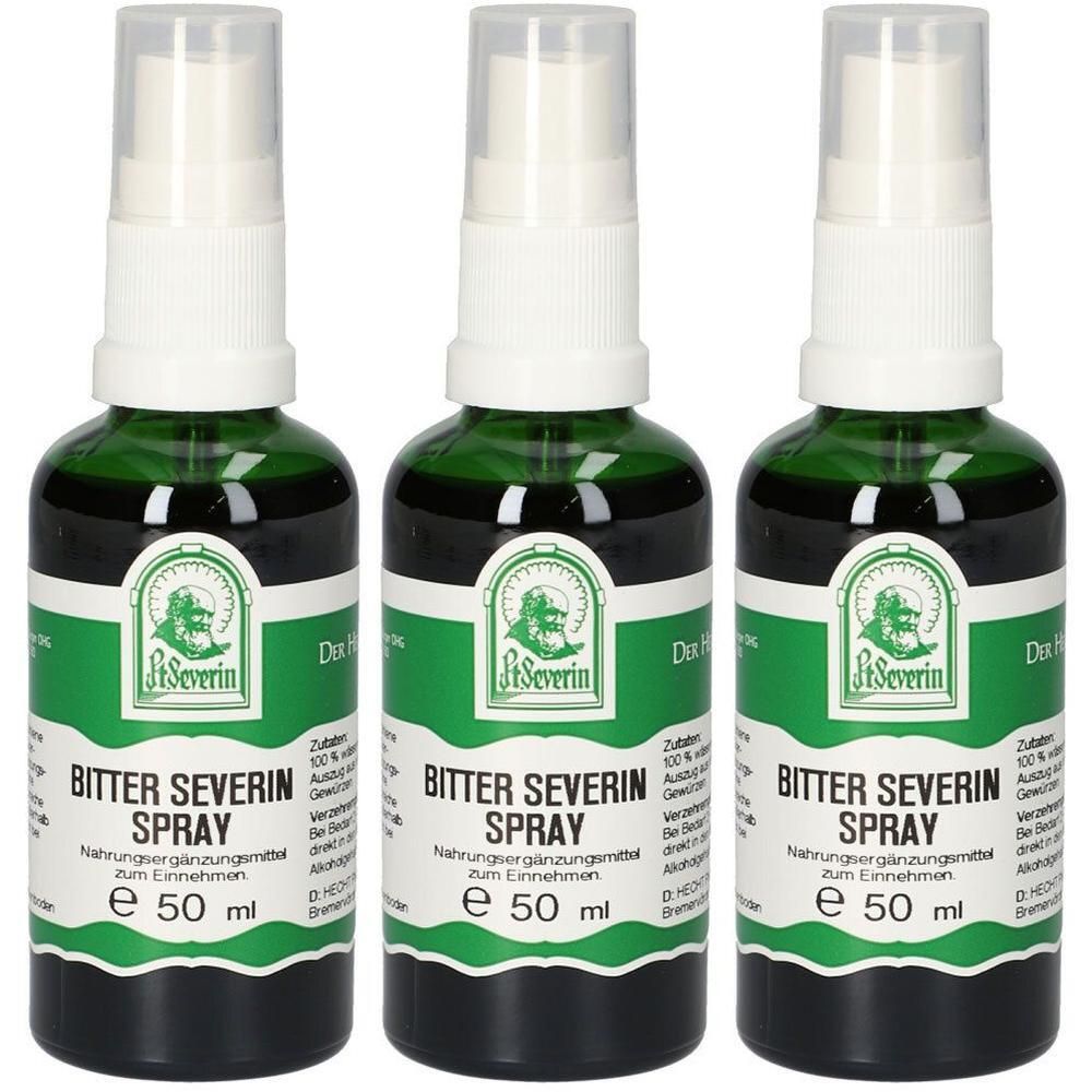 Drei grüne Sprühflaschen mit Bitter Severin Spray, 50 ml.