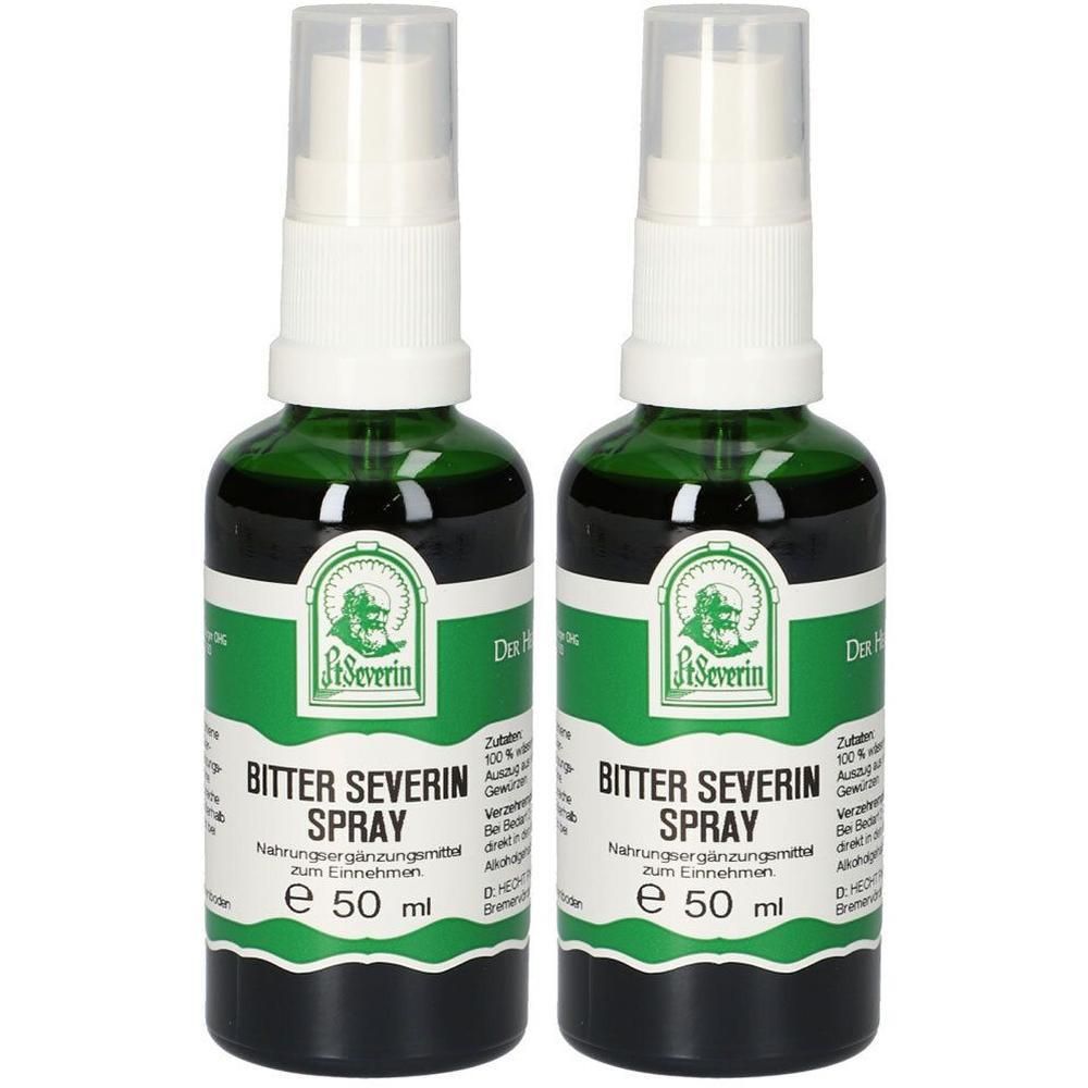 Zwei grüne Sprühflaschen mit Bitter Severin Spray, je 50 ml.