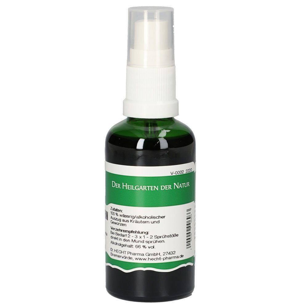 Grüne Sprühflasche mit Bitter Severin Spray, 50 ml, mit Etikett 'Der Heilgarten der Natur'.