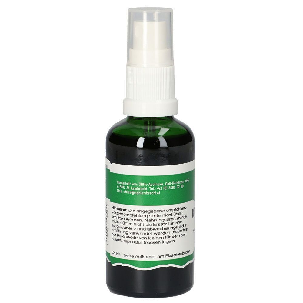 Rückseite einer grünen Sprühflasche mit Bitter Severin Spray, 50 ml, mit Anwendungshinweisen.
