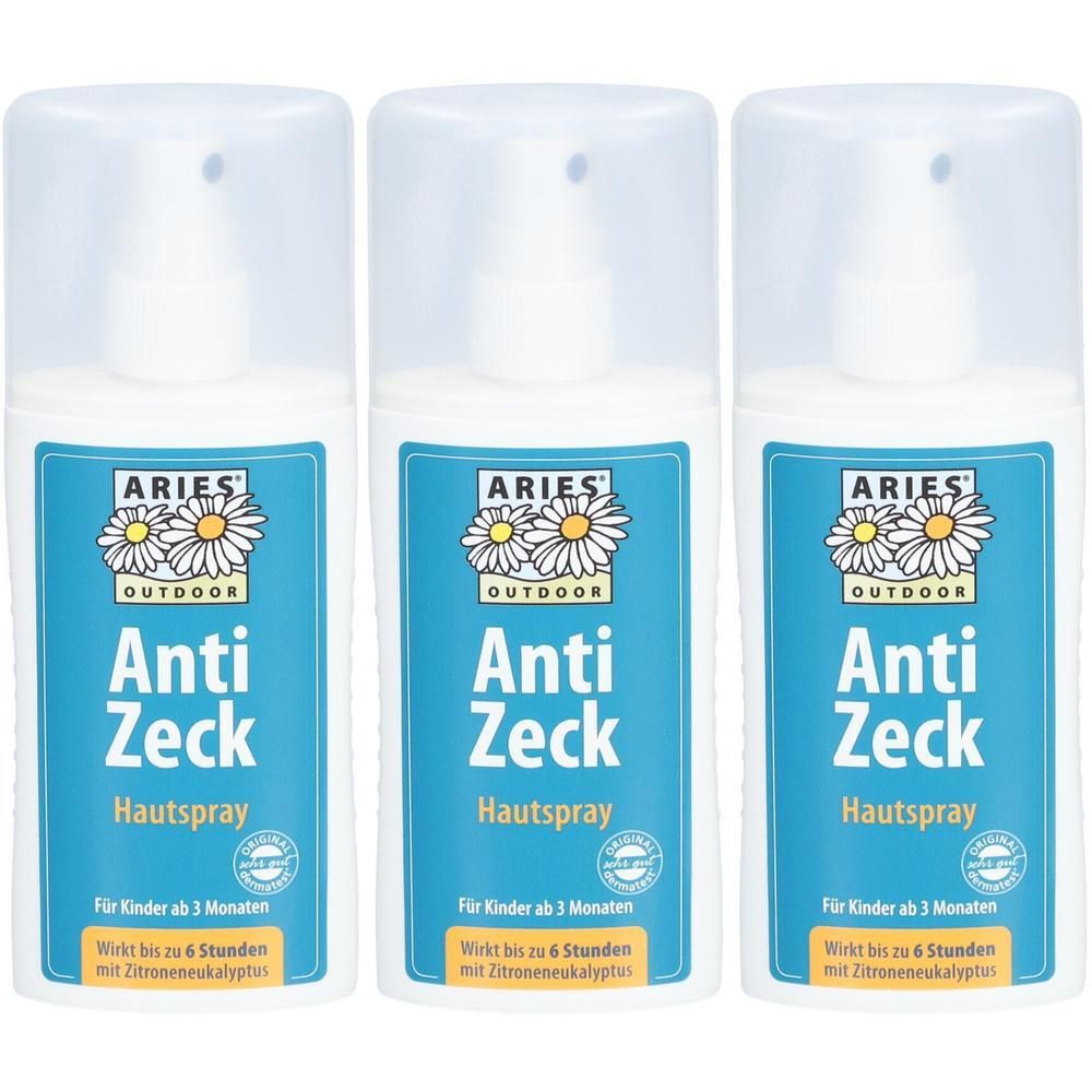 Drei Flaschen ARIES Anti Zeck Hautspray mit transparenten Verschlüssen. Blaue Etiketten mit weißen Schriftzügen und Gänseblümchen-Logo.