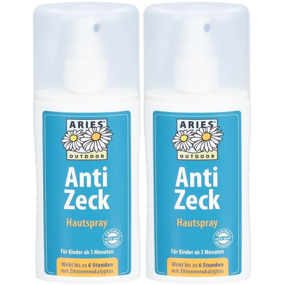 Zwei weiße Sprühflaschen mit blauem Etikett. ARIES Anti Zeck Hautspray.