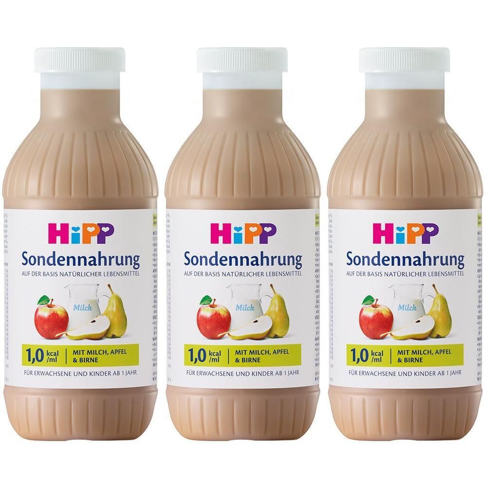 Drei Flaschen HiPP Sondennahrung Milch, Apfel & Birne mit Abbildung von Obst und Milch.