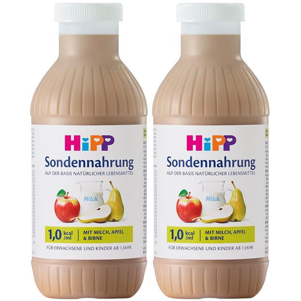 Zwei Flaschen HiPP Sondennahrung Milch, Apfel und Birne mit Abbildung von Apfel und Birne.