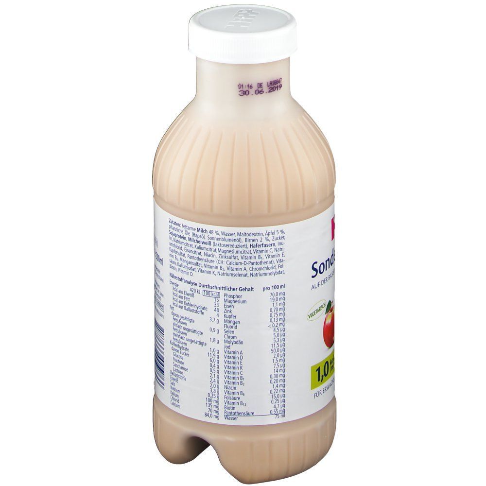 Seitenansicht einer Flasche HiPP Sondennahrung Milch, Apfel und Birne mit Nährwertangaben.