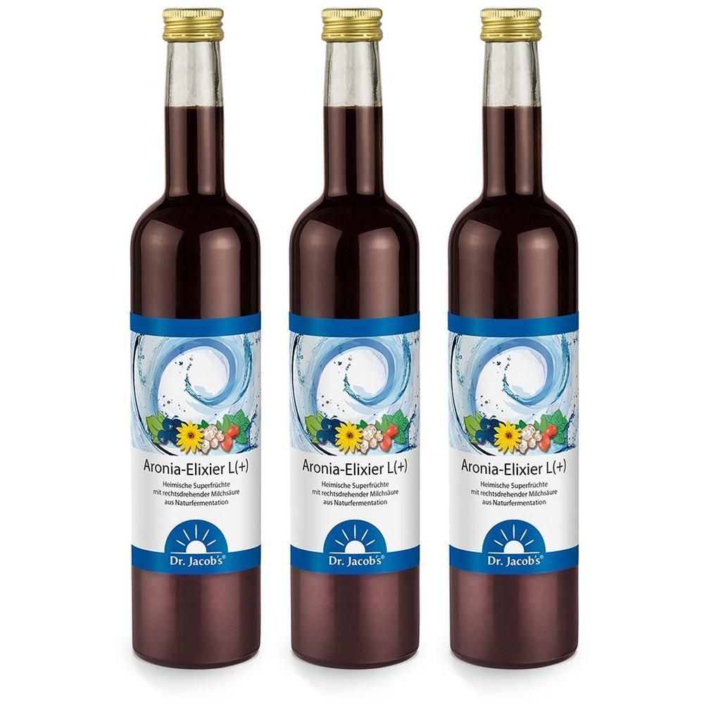 Drei Flaschen Dr. Jacobs Aronia-Elixier mit Etikett, das Aronia-Beeren und Blüten zeigt.