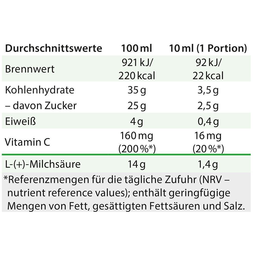 Nährwerttabelle für Aronia-Elixier, zeigt Werte pro 100 ml und pro Portion.