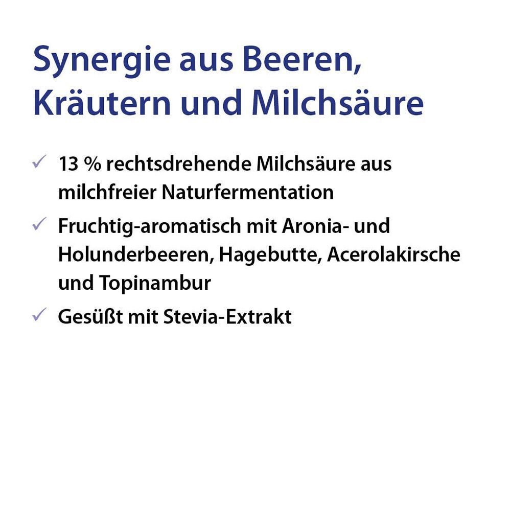 Text über Inhaltsstoffe: Synergie aus Beeren, Kräutern und Milchsäure, 13% rechtsdrehende Milchsäure, fruchtig-aromatisch, gesüßt mit Stevia-Extrakt.
