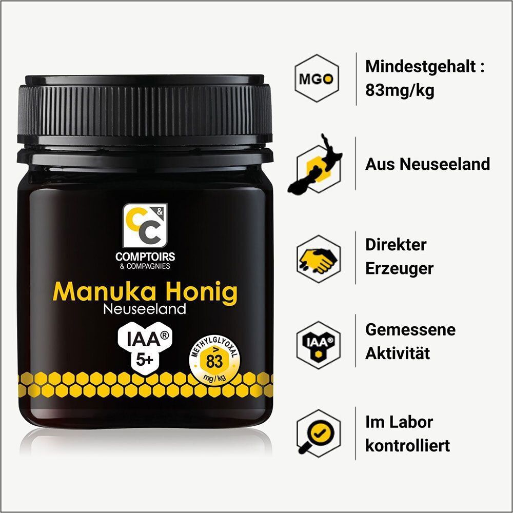 Glas Manuka Honig Neuseeland IAA 5+ mit Icons, die MGO-Gehalt, Herkunft Neuseeland, direkten Erzeuger, gemessene Aktivität und Laborkontrolle zeigen.