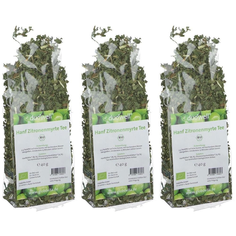 Drei Packungen duówell Bio Hanf und Zitronenmyrte Tee, jeweils 40g.