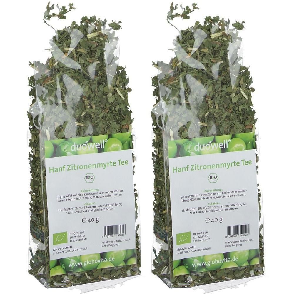 Zwei Packungen duówell® Hanf Zitronenmyrte Tee, je 40g. Bio-zertifiziert.