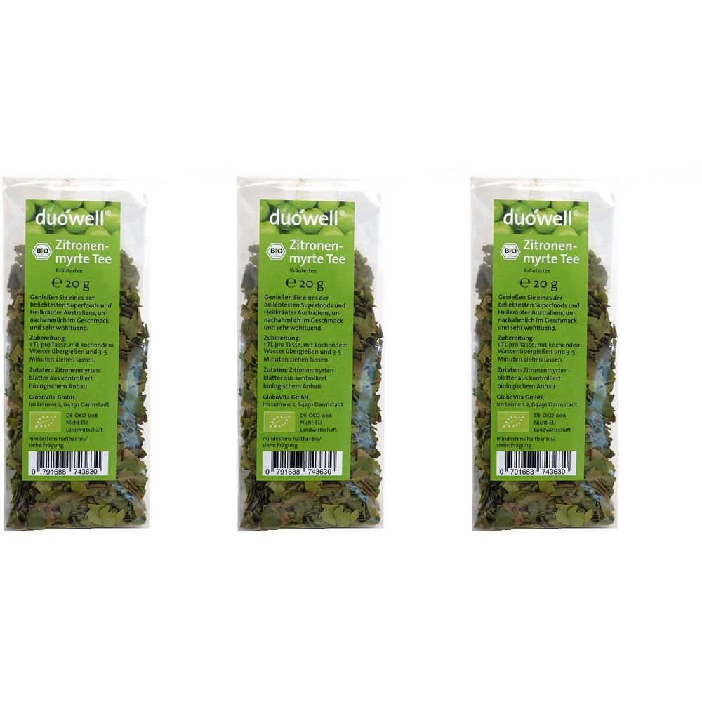 Drei Packungen duówell Zitronenmyrte Tee, je 20g. Bio-zertifiziert.